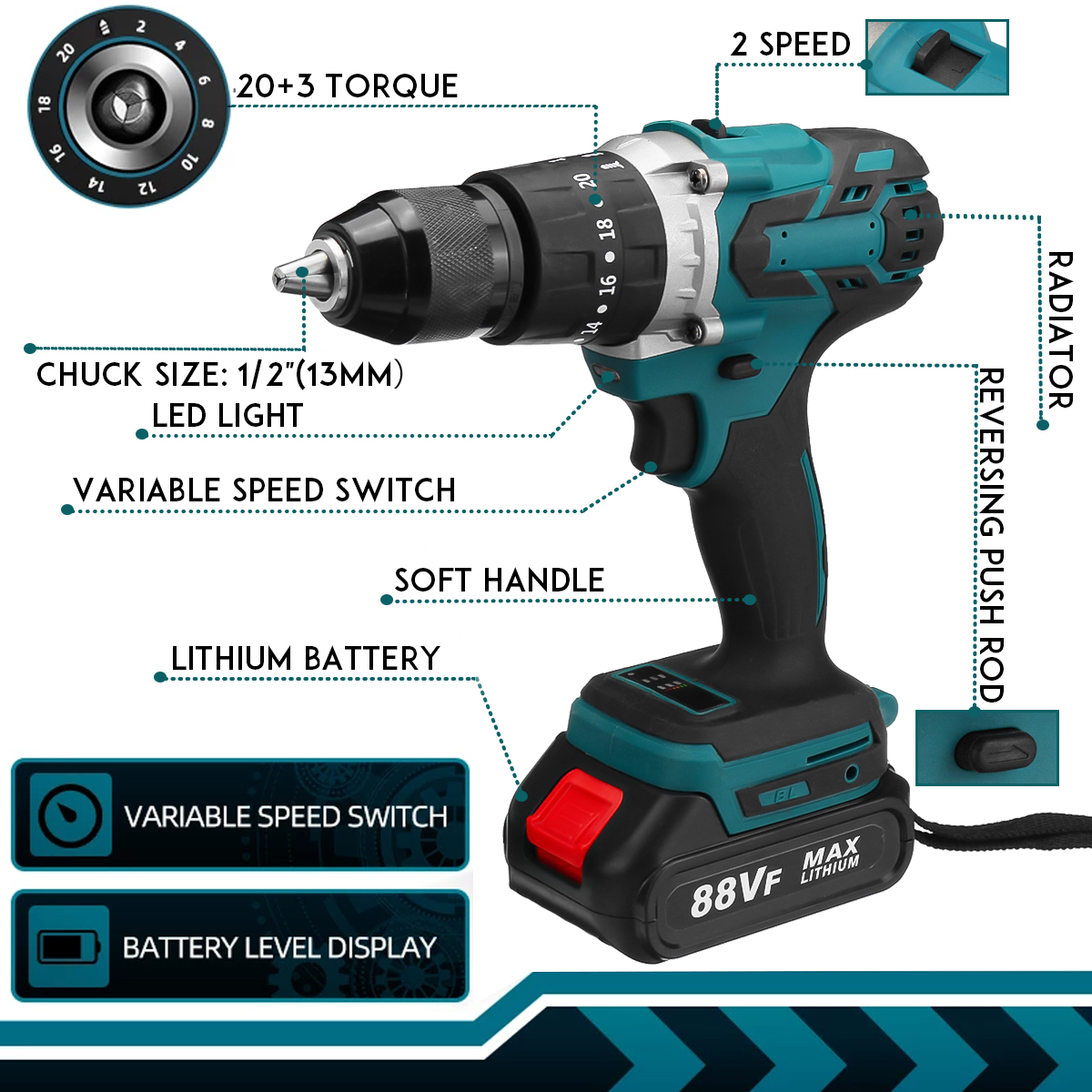 88VF-3-IN-1-Cordless-Brushless-Drill-Electric-Screwdriver-Hammer-Impact-Drill-203-Torque-W-12pcs-Bat-1854945-3