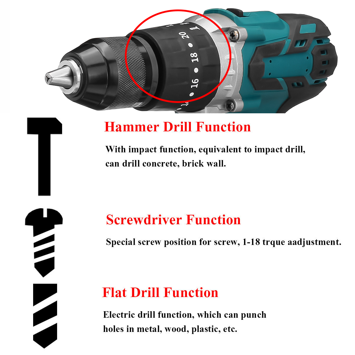 88VF-3-IN-1-Cordless-Brushless-Drill-Electric-Screwdriver-Hammer-Impact-Drill-203-Torque-W-12pcs-Bat-1854945-4