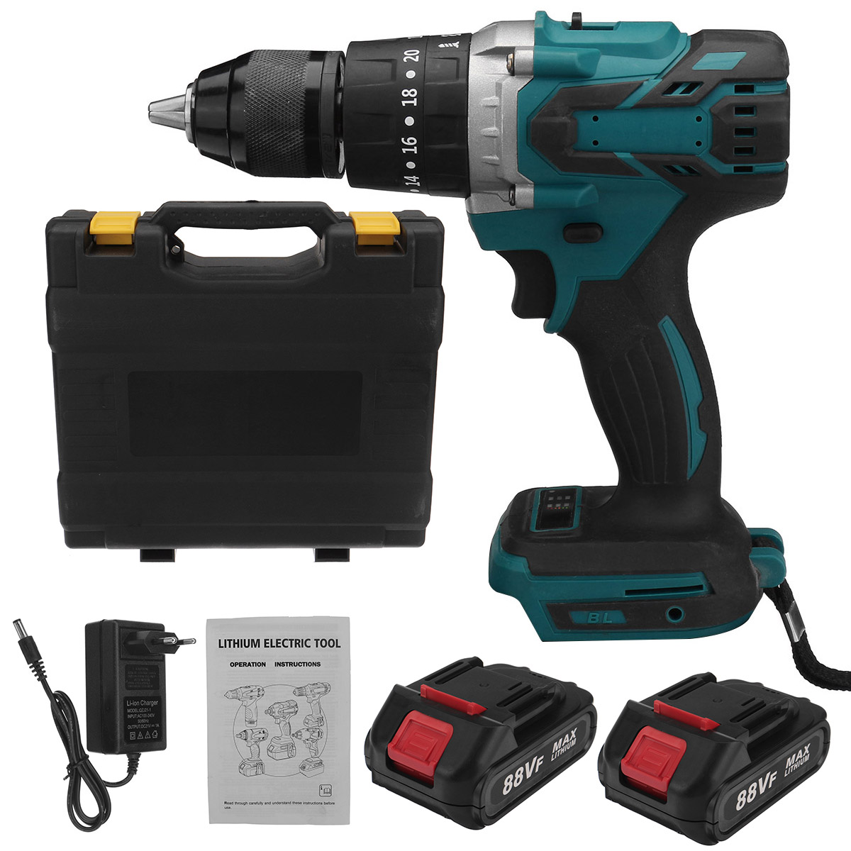 88VF-3-IN-1-Cordless-Brushless-Drill-Electric-Screwdriver-Hammer-Impact-Drill-203-Torque-W-12pcs-Bat-1854945-5