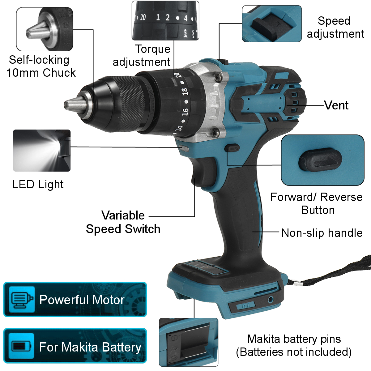 Brushless-Electric-Drill-20-Torque-520NM-Cordless-Screwdriver-13mm-Chuck-Power-Drill-for-Makita-18V--1801609-13