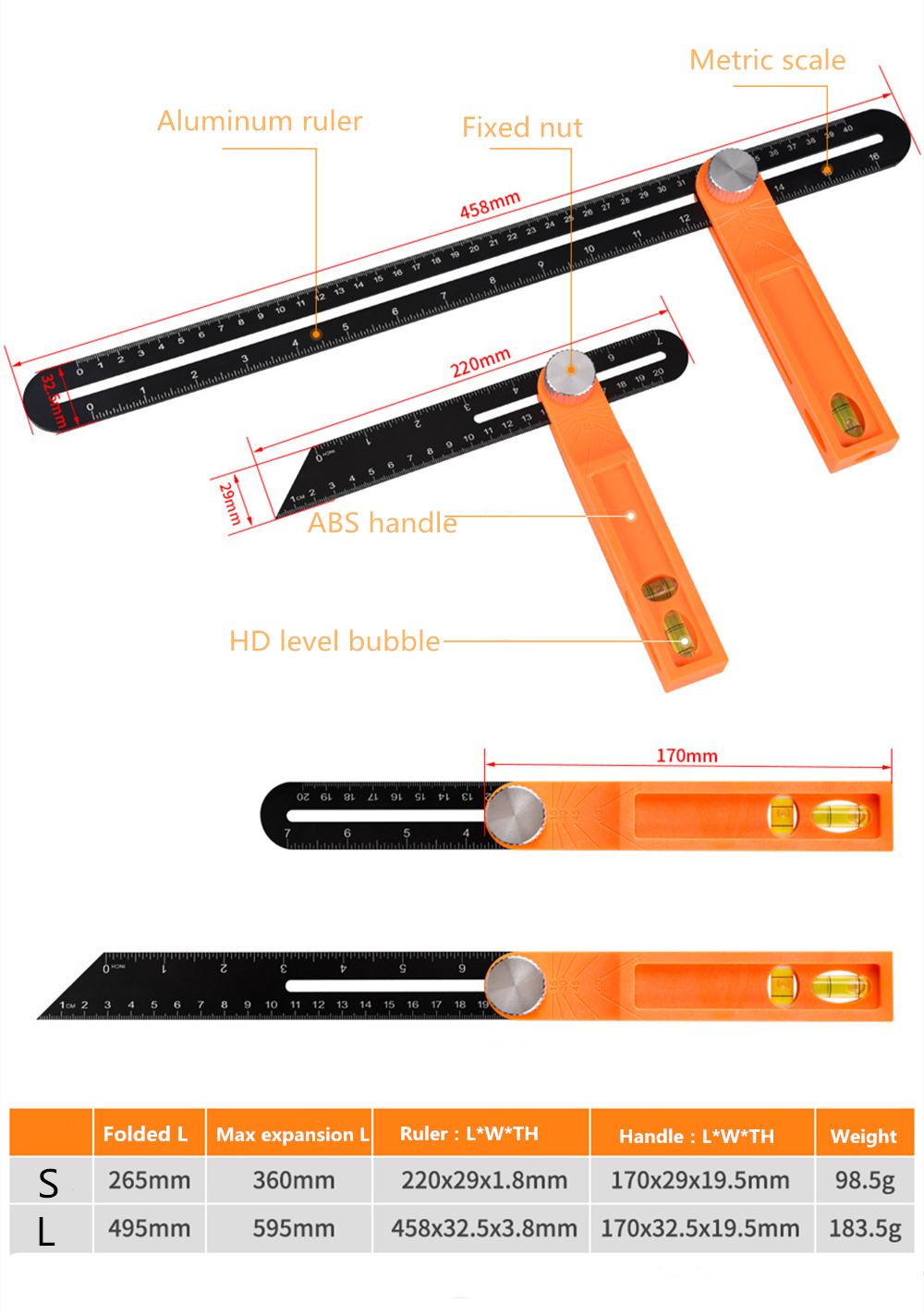 Protractor-Angle-Ruler-T-Shape-Ruler-Adjustable-Ruler-with-Level-1816720-5