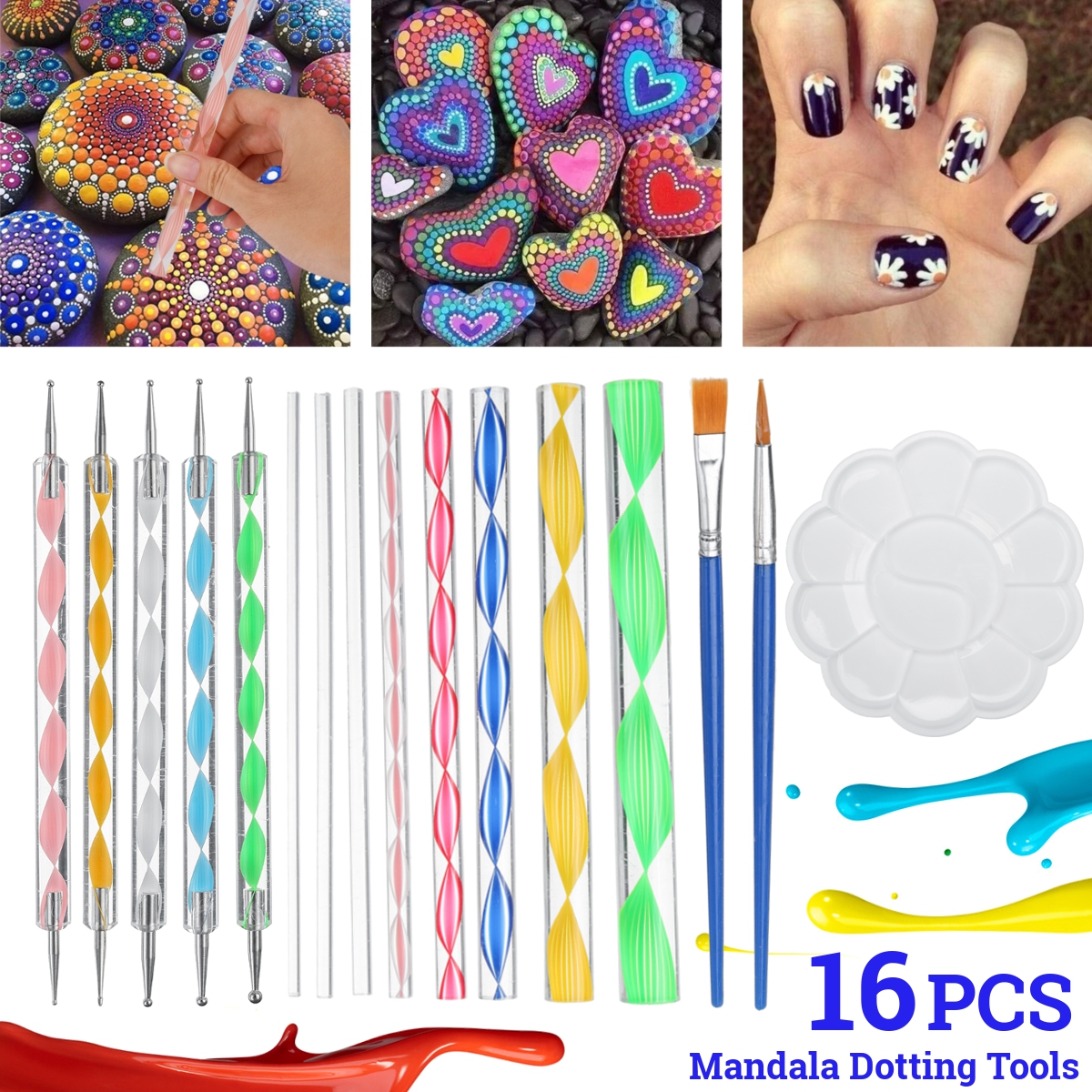 16Pcs-Mandala-Dotting-Tools-Set-Rock-Painting-Kit-Nail-Art-Pen-Paint-Stencil-1687383-1