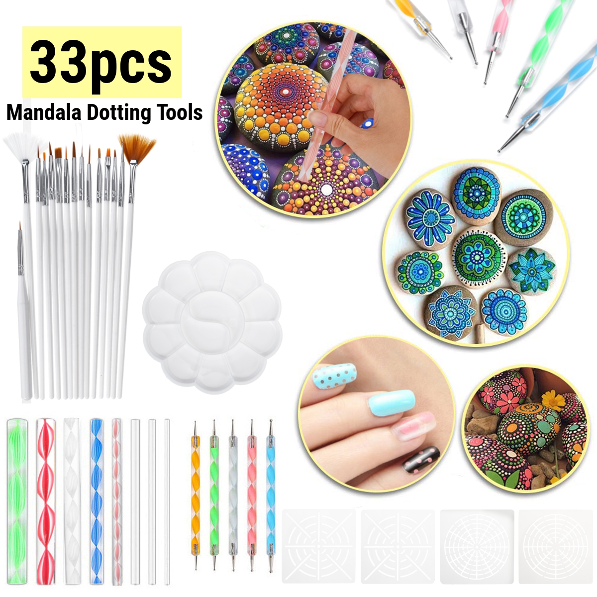 33Pcs-Mandala-Dotting-Tools-Set-Rock-Painting-Kit-Nail-Art-Pen-Paint-Stencil-1688977-1