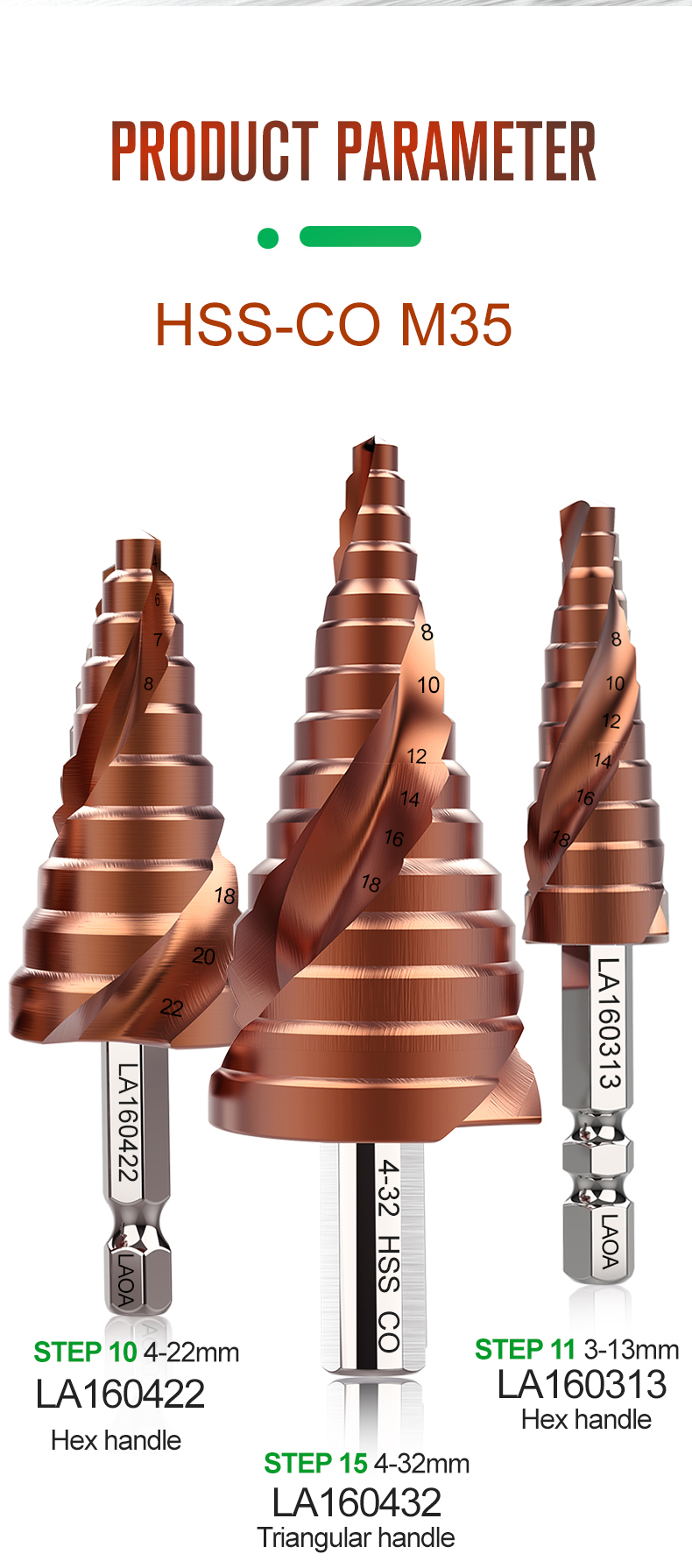 LAOA-3-13mm-4-22mm-4-32mm-Pagoda-Step-Drill-Bit-HSS-CO-M35-Hex-Triangle-Spiral-Grooved-Wood-Metal-Ho-1865380-4