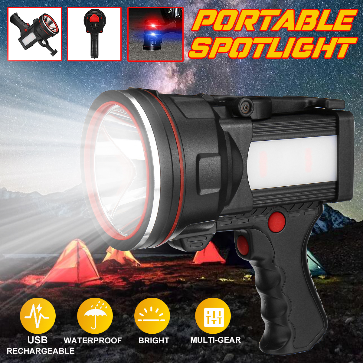 Super-Bright-LED-Flashlight-USB-Rechargeable-2-Modes-Spotlight-Work-Light-Floodlight-Fishing-Hunting-1887782-1