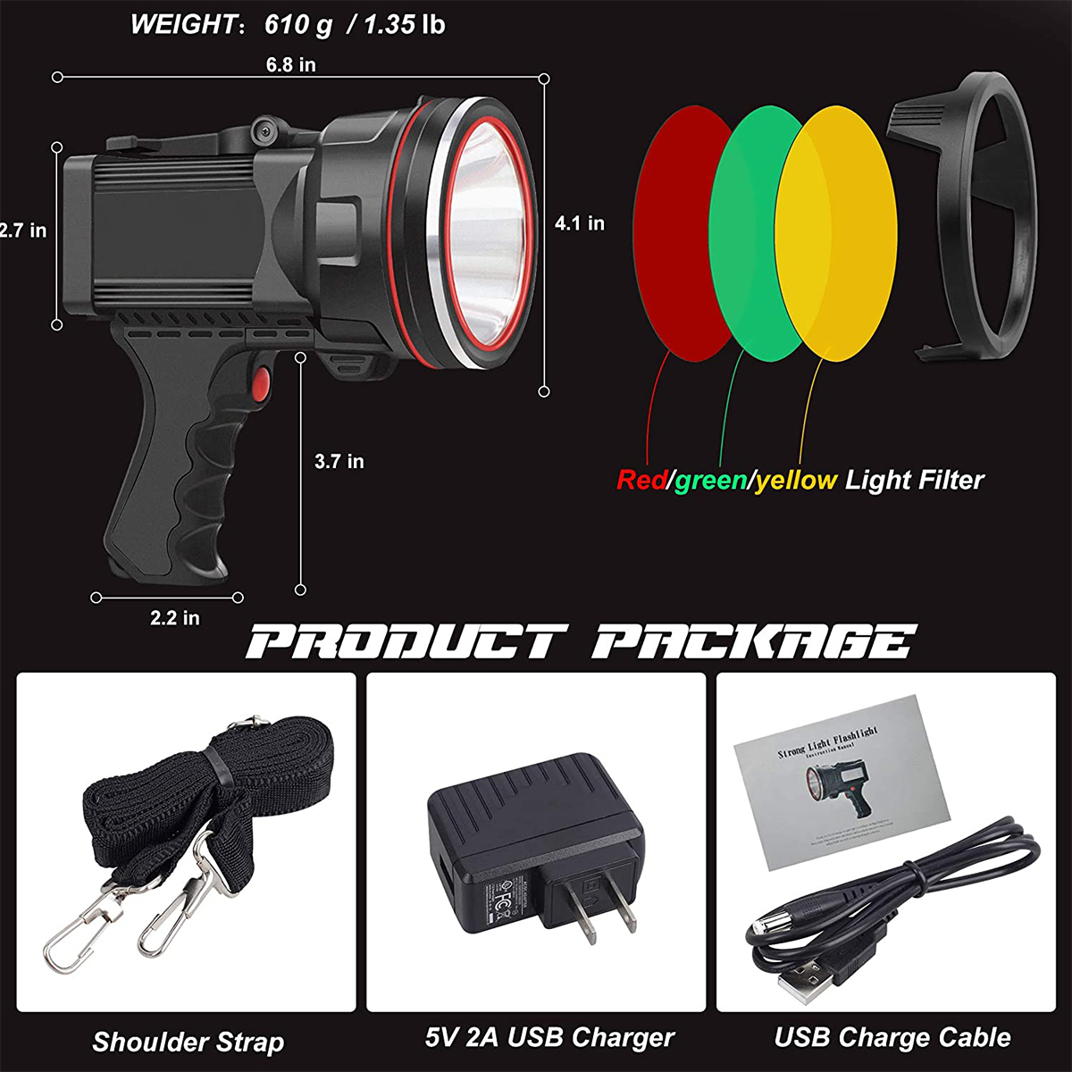 Super-Bright-LED-Flashlight-USB-Rechargeable-2-Modes-Spotlight-Work-Light-Floodlight-Fishing-Hunting-1887782-2